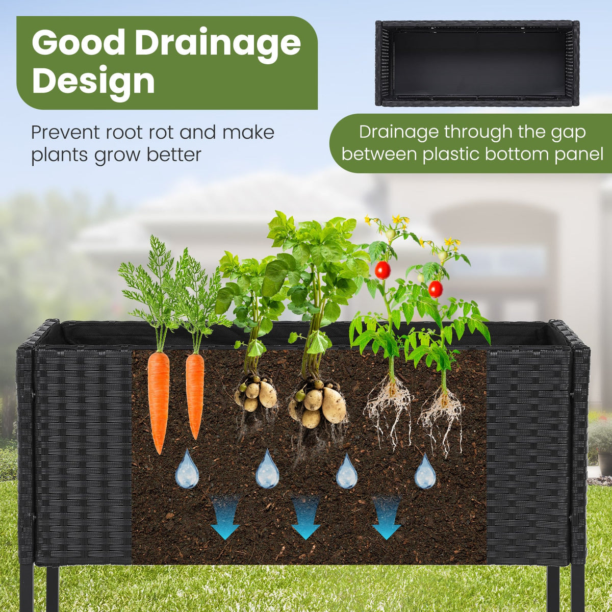 Elevated Garden Planter with Rattan Finish Bottom Shelf-Black view 6