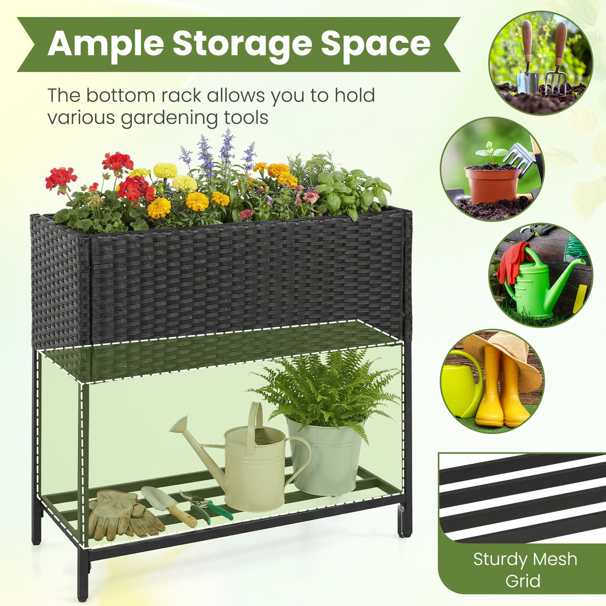 Elevated Garden Planter with Rattan Finish Bottom Shelf-Black view 7