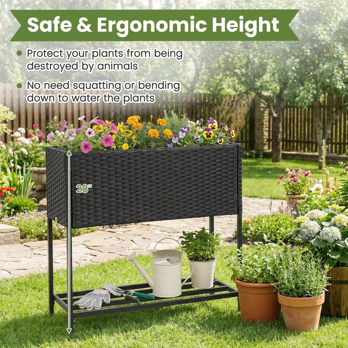 Elevated Garden Planter with Rattan Finish Bottom Shelf-Black view 8
