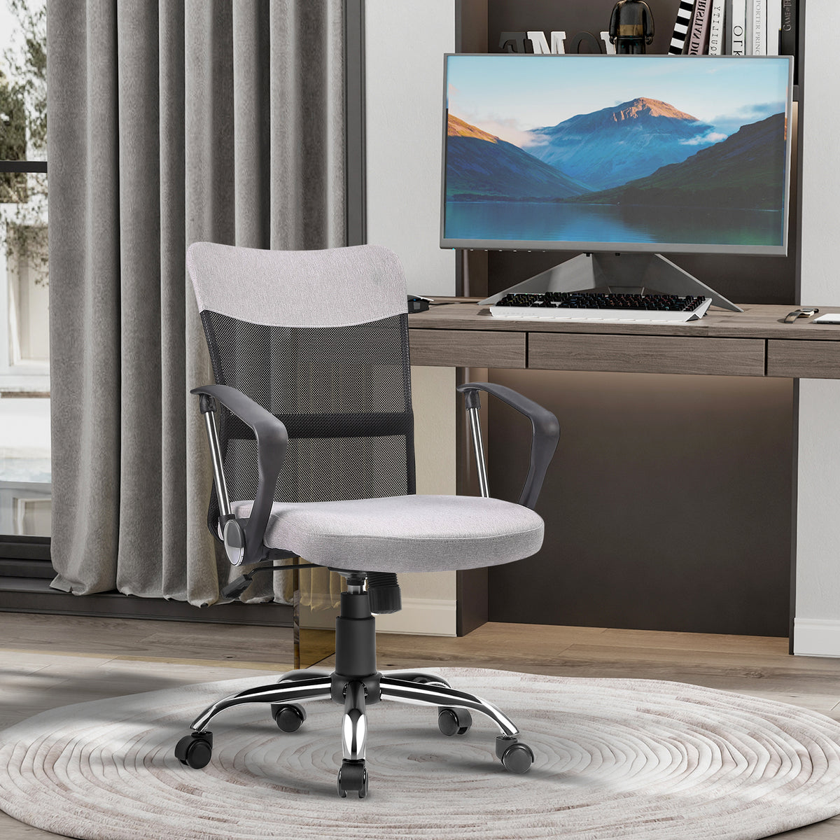Mid Back Office Chair, Linen Adjustable Office Chair with Lumbar Back Support, Arm, Adjustable Height, Grey