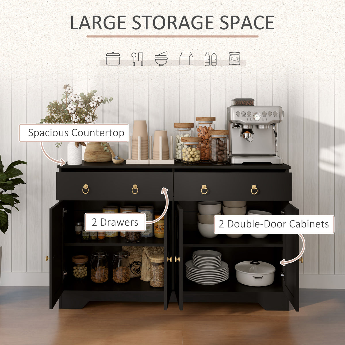 Sideboard Cabinet with 2 Drawers, 4 Barn Doors and 2 Adjustable Shelves, Buffet Table for Living Room, Black – view 3