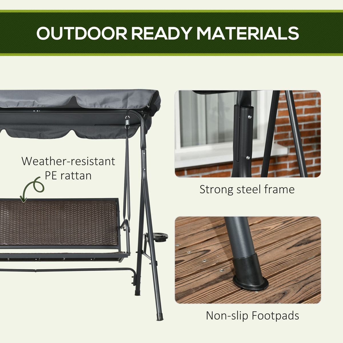 3-Seat Patio Swing Chair, Outdoor Canopy Swing Glider with Adjustable Shade, Rattan Seat and Steel Frame – view 9