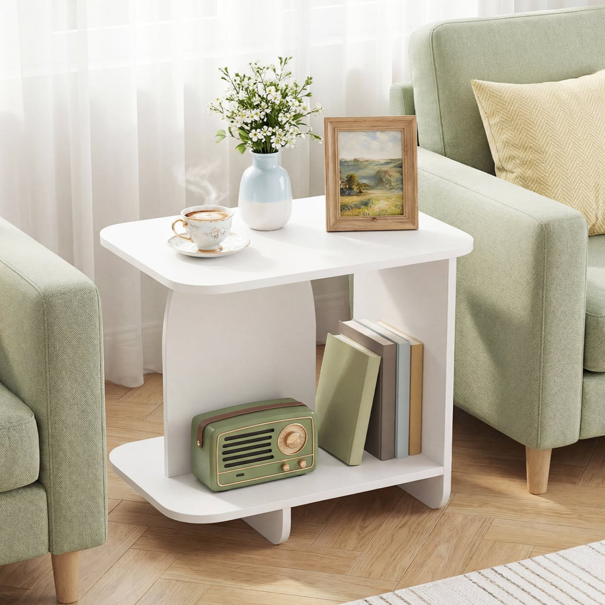 End Table 2-Tier Sofa Side Table with Storage Shelf for Small Space-White view 2