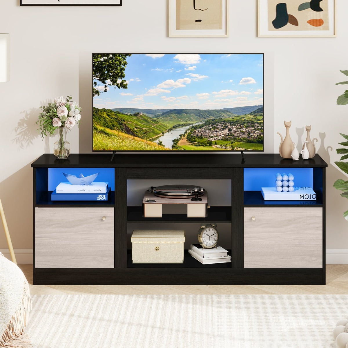 Entertainment Center with Adjustable Shelf & Open Compartment for 65” TVs-Black view 3