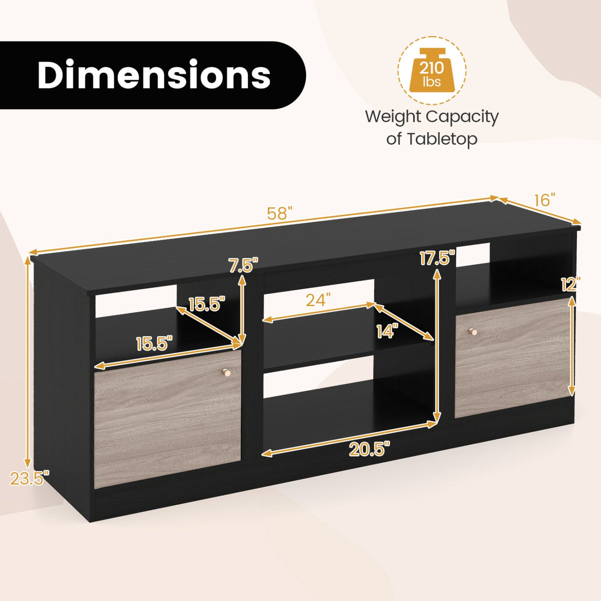 Entertainment Center with Adjustable Shelf & Open Compartment for 65” TVs-Black view 5