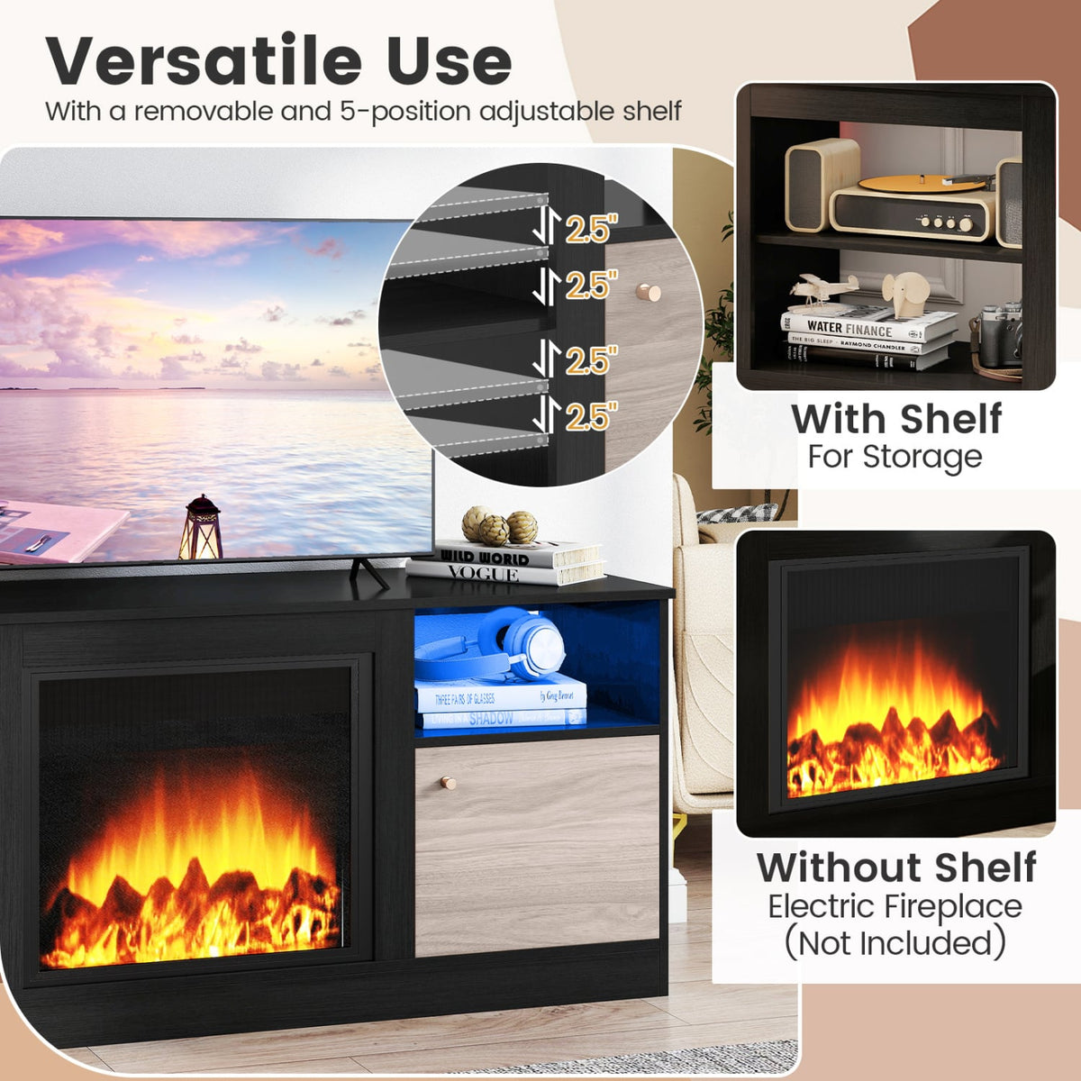 Entertainment Center with Adjustable Shelf & Open Compartment for 65” TVs-Black view 9