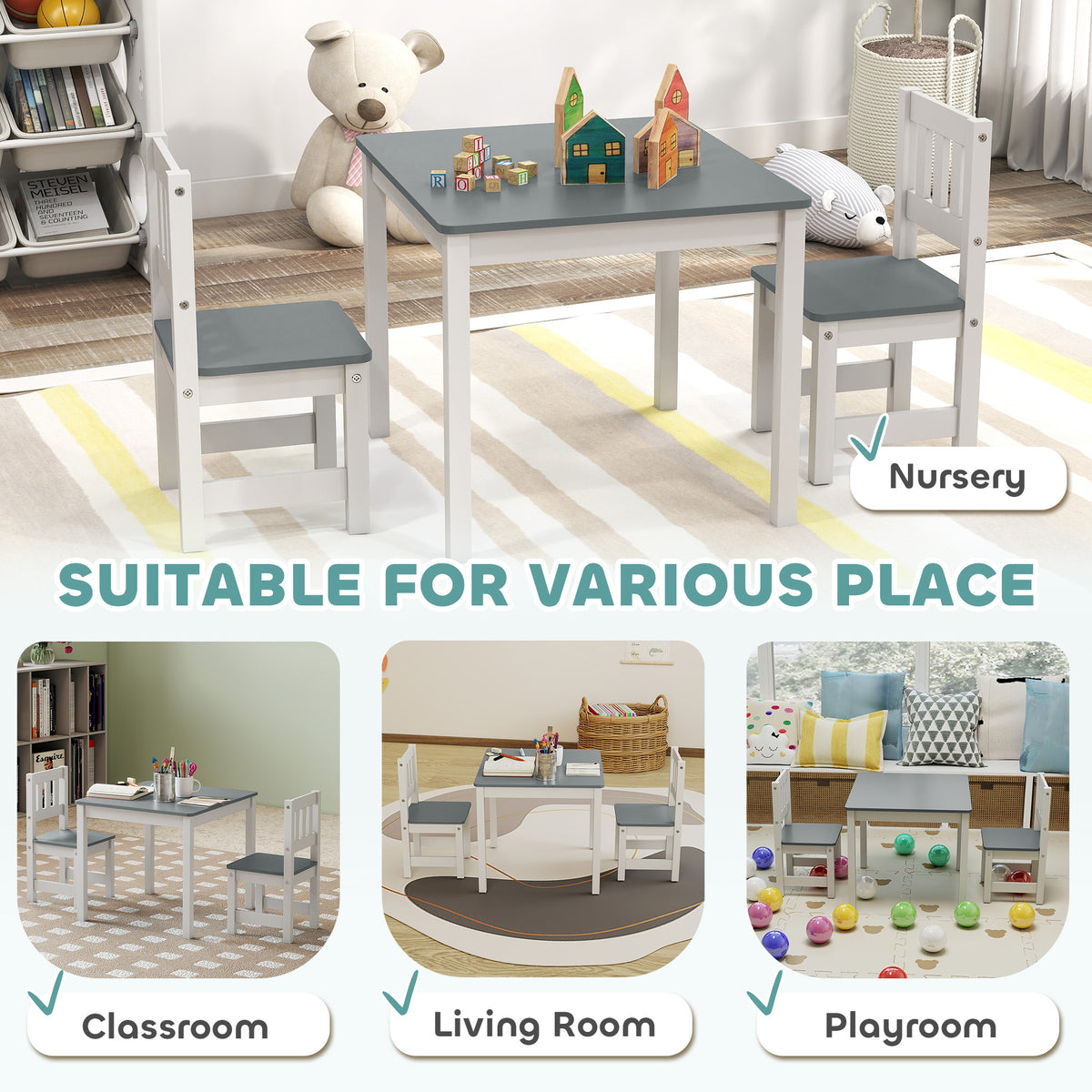 Qaba Kids Table and Chairs Set, Toddler Table and 2 Chair Set for Activity, Art, Craft, Reading, Learning