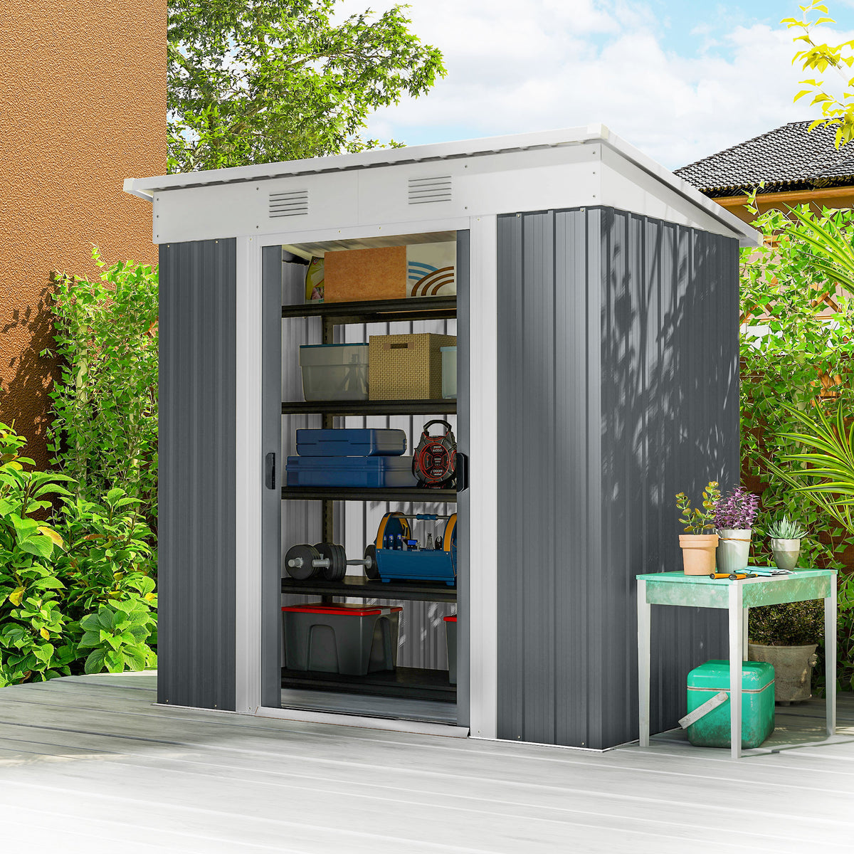 6' x 4' Outdoor Storage Shed, Metal Garden Tool Storage House Organizer with Lockable Sliding Doors and – view 56