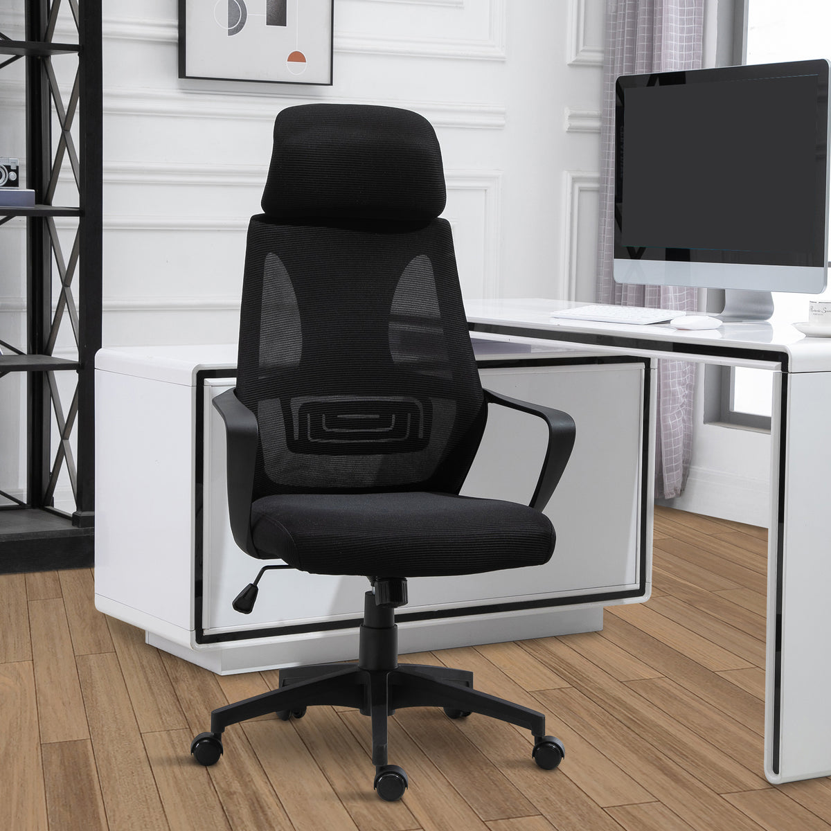 Mesh Office Chair with Up&Down Headrest, Ergonomic Computer Desk Chair with Adjustable Tilt Angle, Height Adjustable Swivel Seat with Lumbar Support for Office, Black