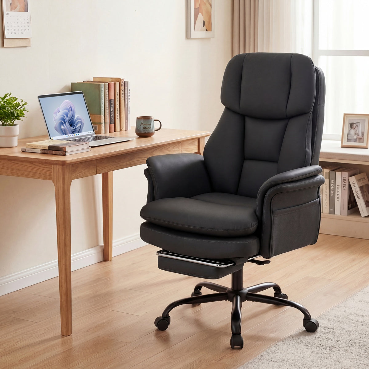 Ergonomic Cross Legged Office Chair Big and Tall Executive Chair with Retractable Footrest-Black view 2