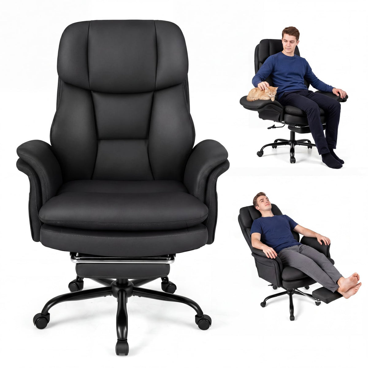 Ergonomic Cross Legged Office Chair Big and Tall Executive Chair with Retractable Footrest-Black view 3