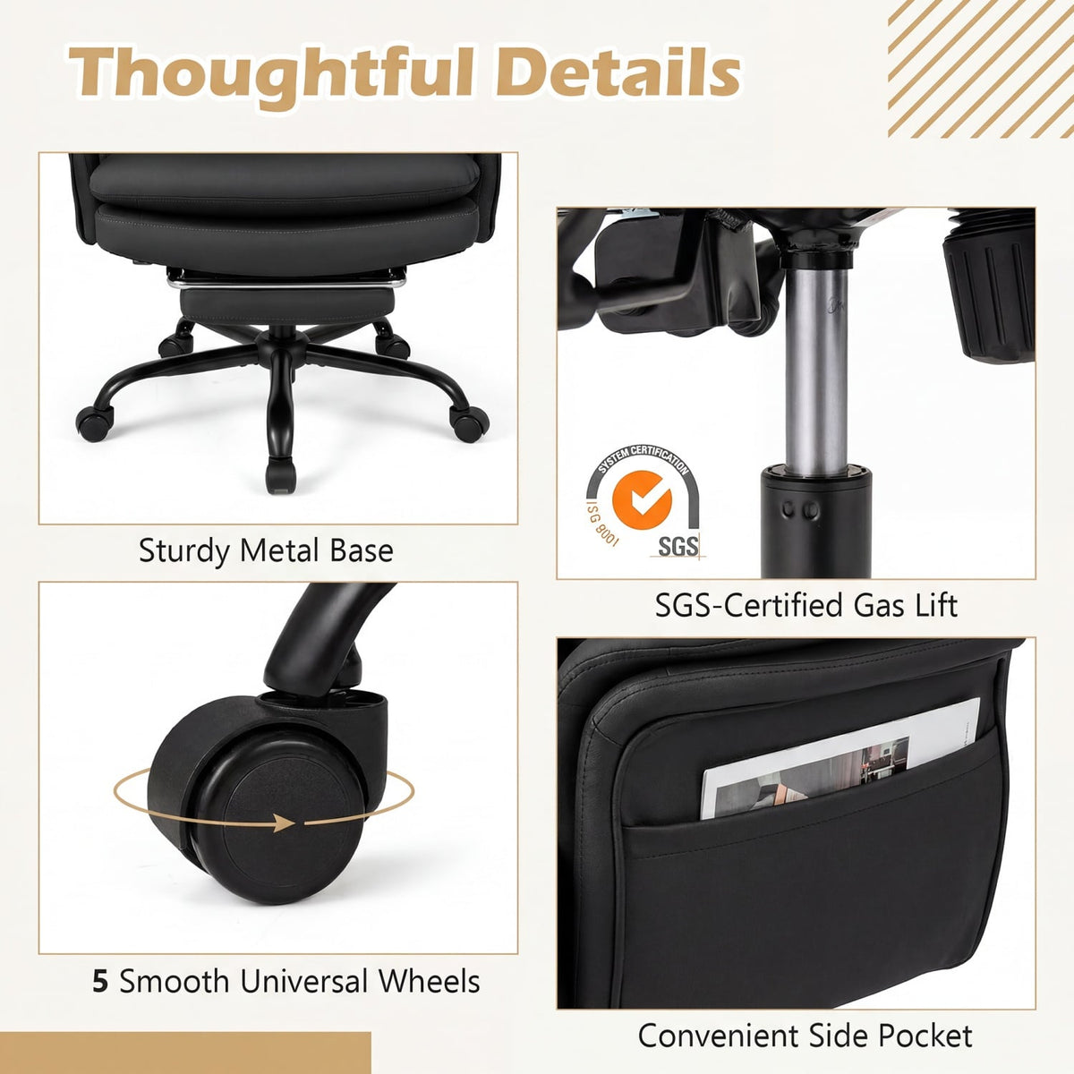 Ergonomic Cross Legged Office Chair Big and Tall Executive Chair with Retractable Footrest-Black view 8
