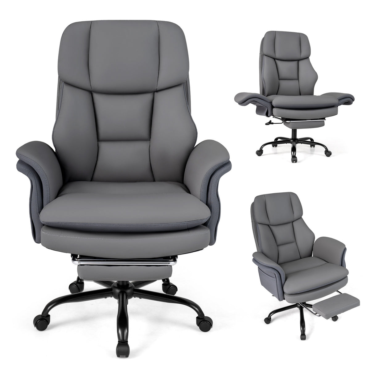 Ergonomic Cross Legged Office Chair Big and Tall Executive Chair with Retractable Footrest-Grey