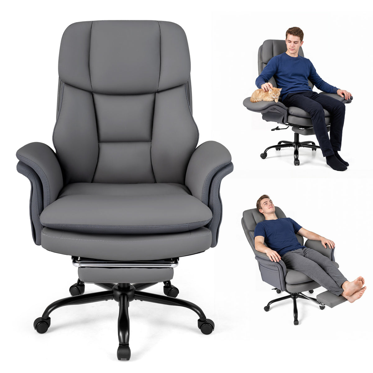 Ergonomic Cross Legged Office Chair Big and Tall Executive Chair with Retractable Footrest-Grey view 4