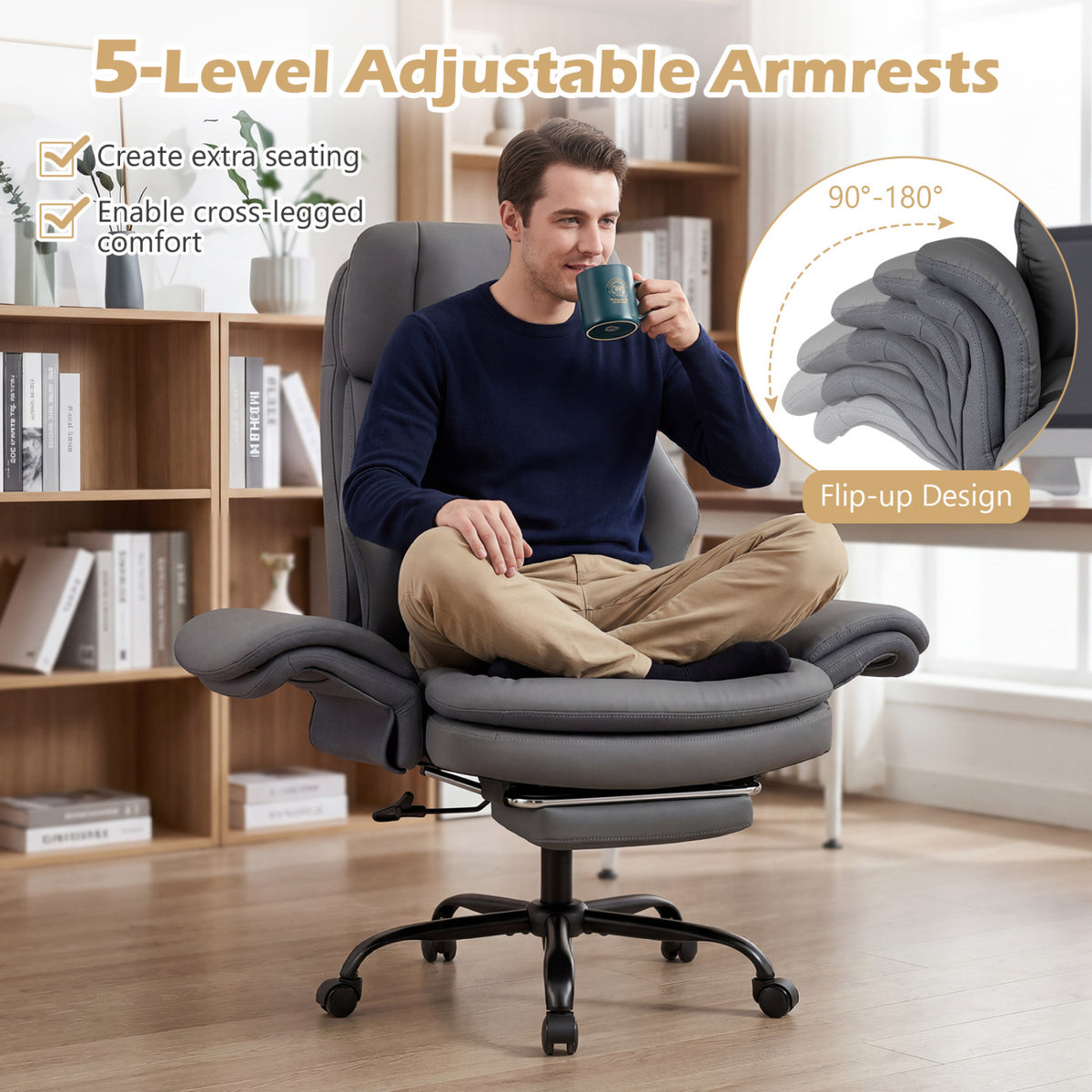 Ergonomic Cross Legged Office Chair Big and Tall Executive Chair with Retractable Footrest-Grey view 6