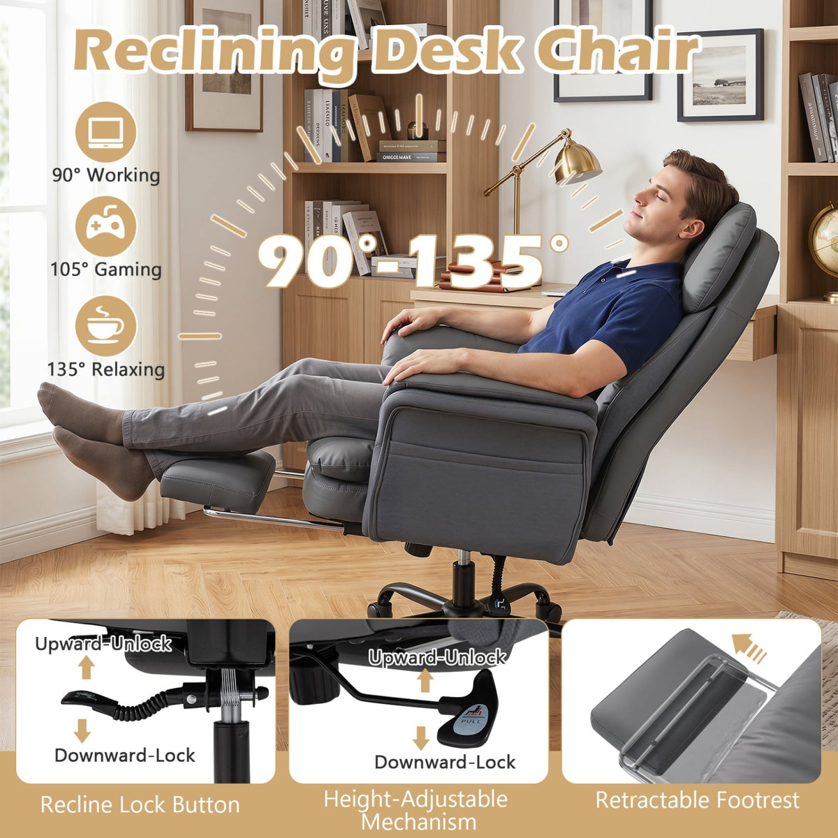Ergonomic Cross Legged Office Chair Big and Tall Executive Chair with Retractable Footrest-Grey view 7