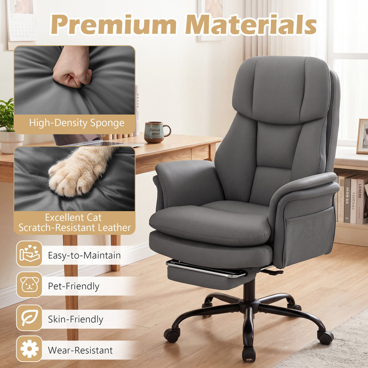 Ergonomic Cross Legged Office Chair Big and Tall Executive Chair with Retractable Footrest-Grey view 8