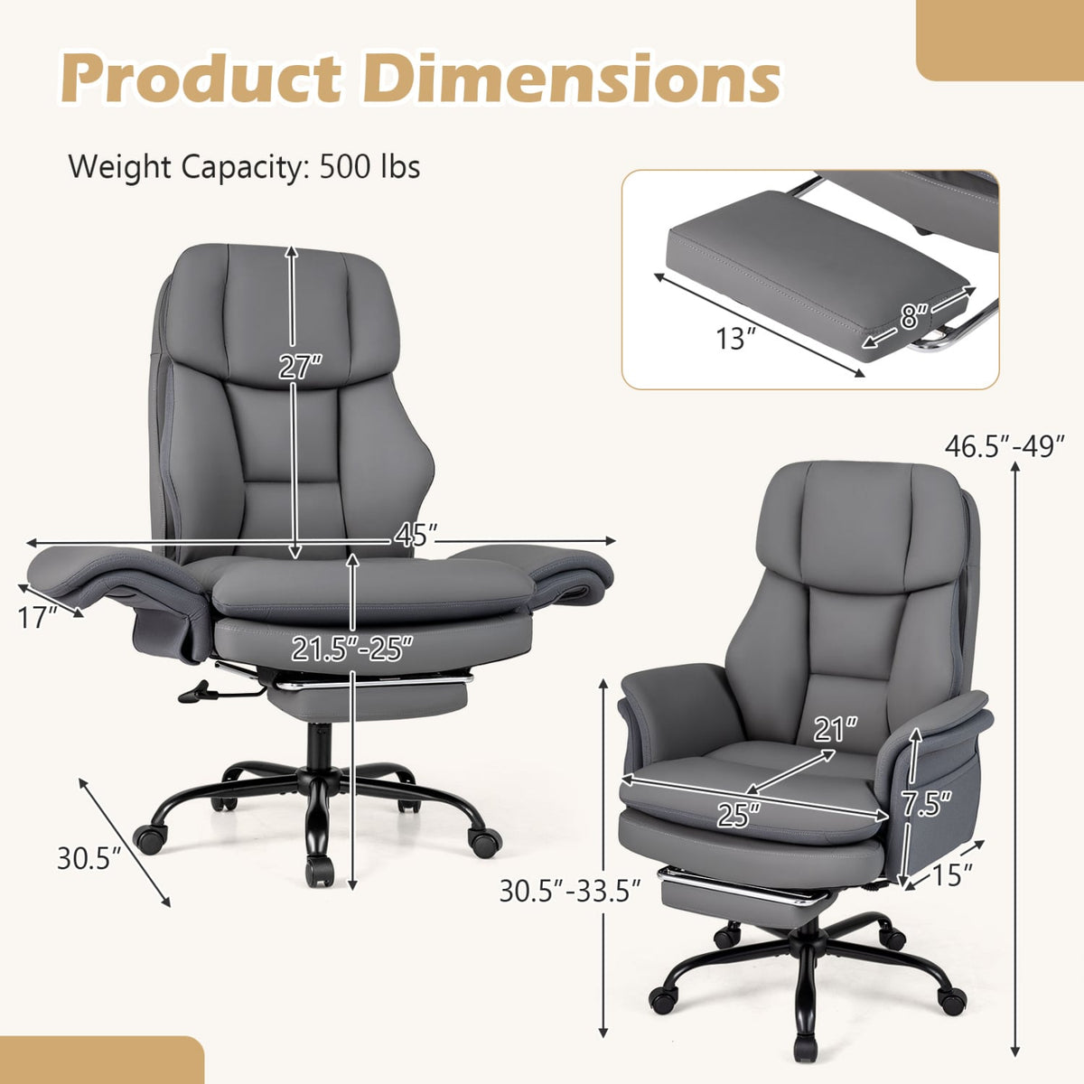 Ergonomic Cross Legged Office Chair Big and Tall Executive Chair with Retractable Footrest-Grey view 5