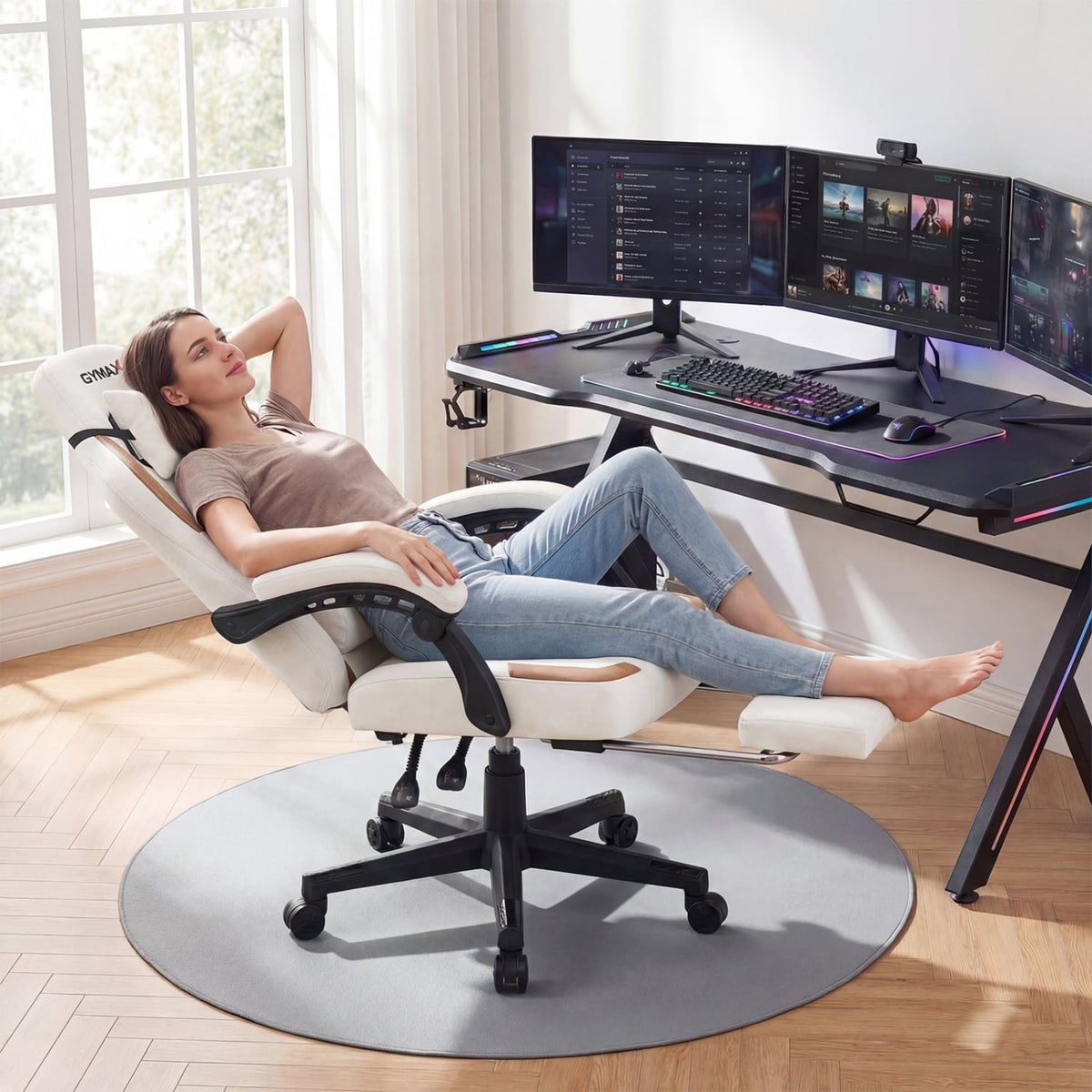 Ergonomic Video Game Chair with Headrest for Home Office-Beige view 6
