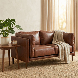 59" Loveseat Sofa, PU Leather 2 Seater Sofa with Wide Seat, High-Density Foam, Thick Cushion, Wood Legs, Brown