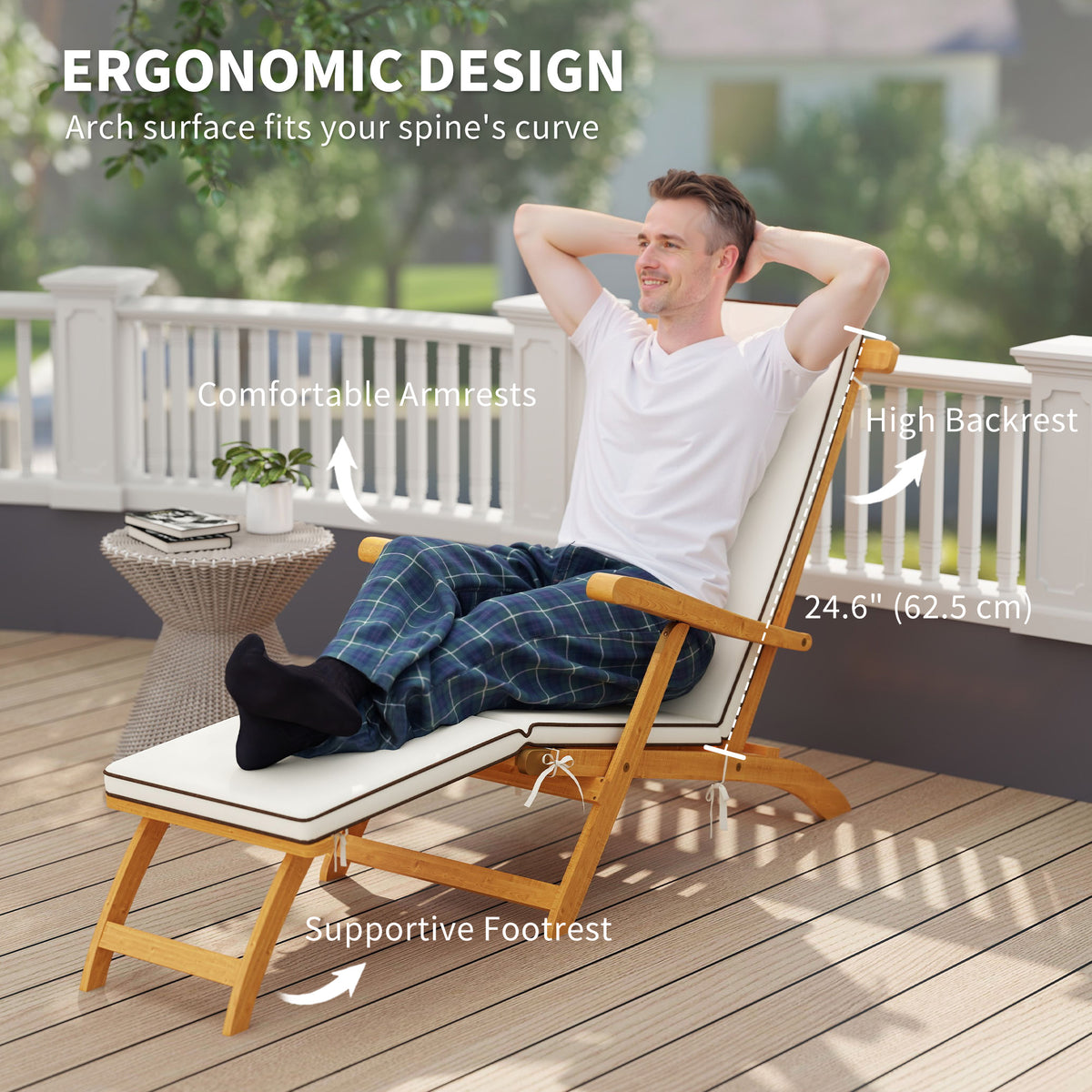 Folding Patio Lounge Chair with Padded Cushion, Acacia Wood Patio Lounger Recliner with Footrest for – view 10