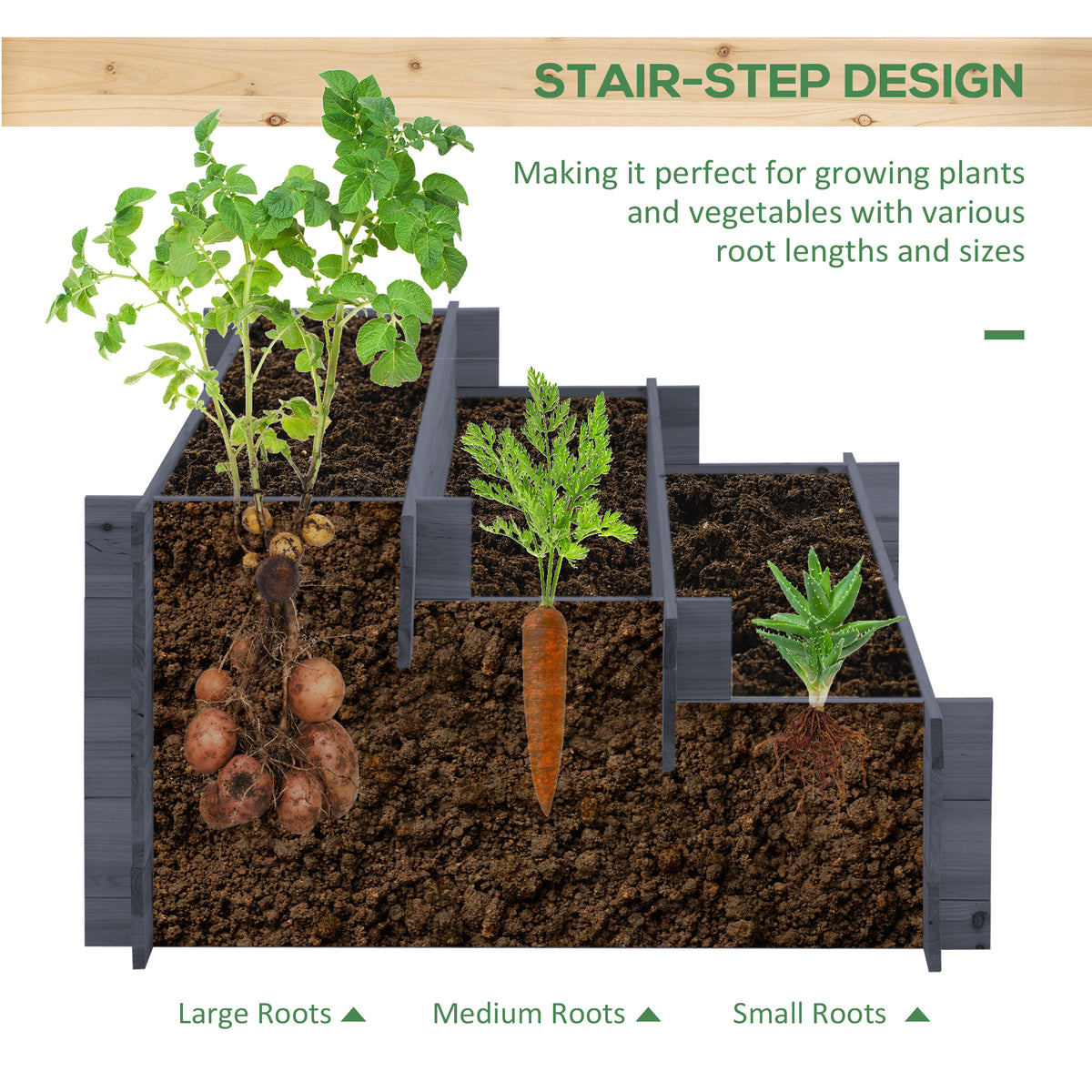 3-Tier Wood Raised Garden Bed, 47.2" x 39.4" x 21.3" Elevated Planting Box, Outdoor Vegetable Flower Container, Herb Garden Indoor Kit, Natural