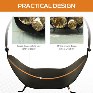 16" Firewood Log Rack Curved Fireplace Log Holder Wood Storage Basket Carrier with Flexible Handle, for Outdoor and Indoor Use, Black