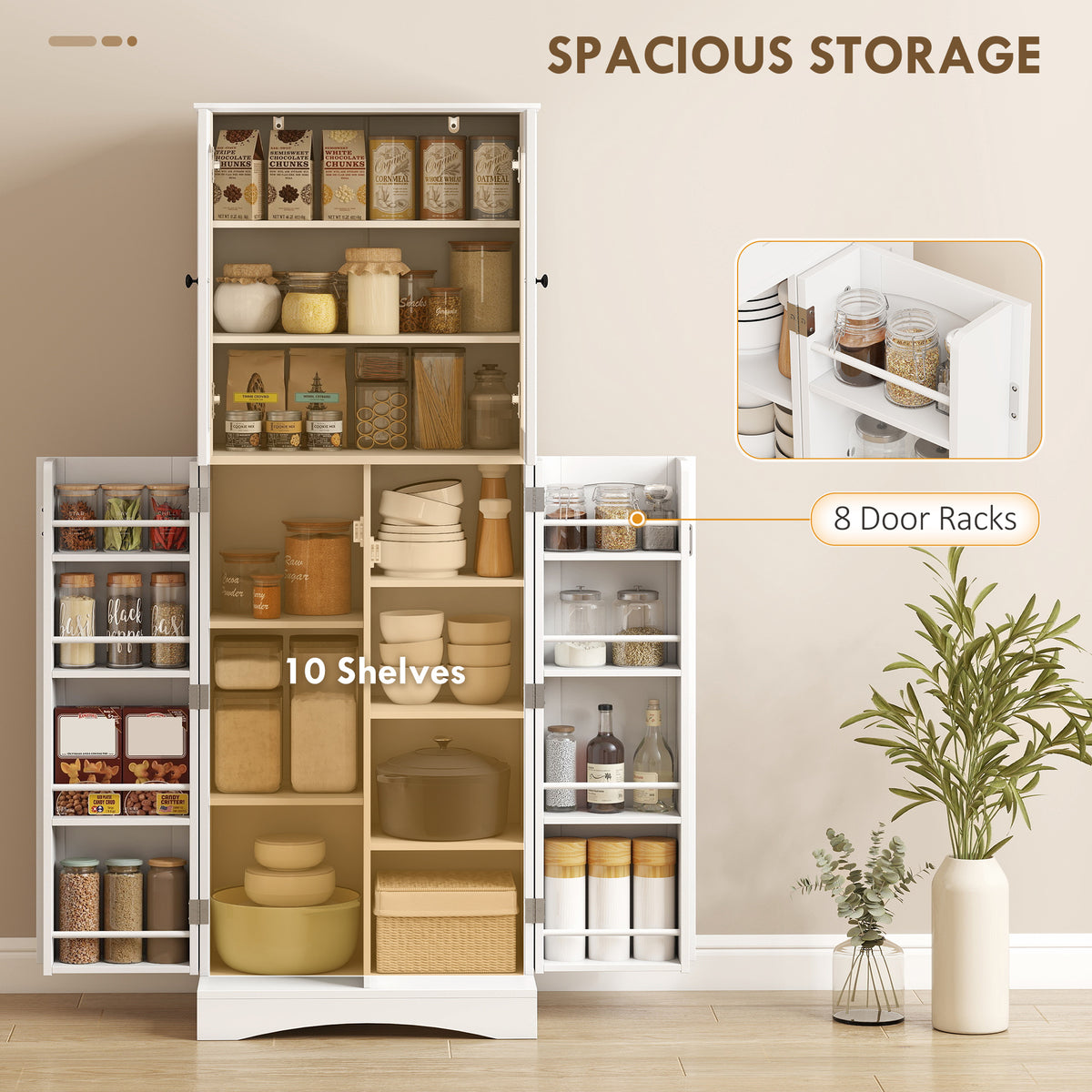 64" Tall Kitchen Pantry Cabinet, Kitchen Cabinet with Soft-Close Acrylic Doors, 10 Shelves, 8 Door Racks, White
