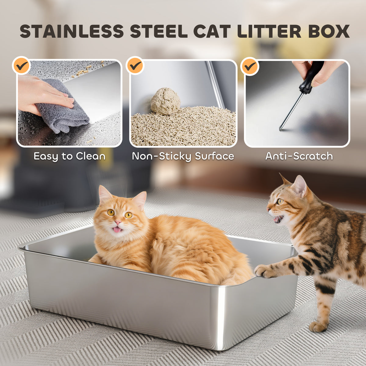 80L XL Stainless Steel Cat Litter Box for Big Cats with Flip Cover, Pull-Out Drawer Tray, High Sided – view 5