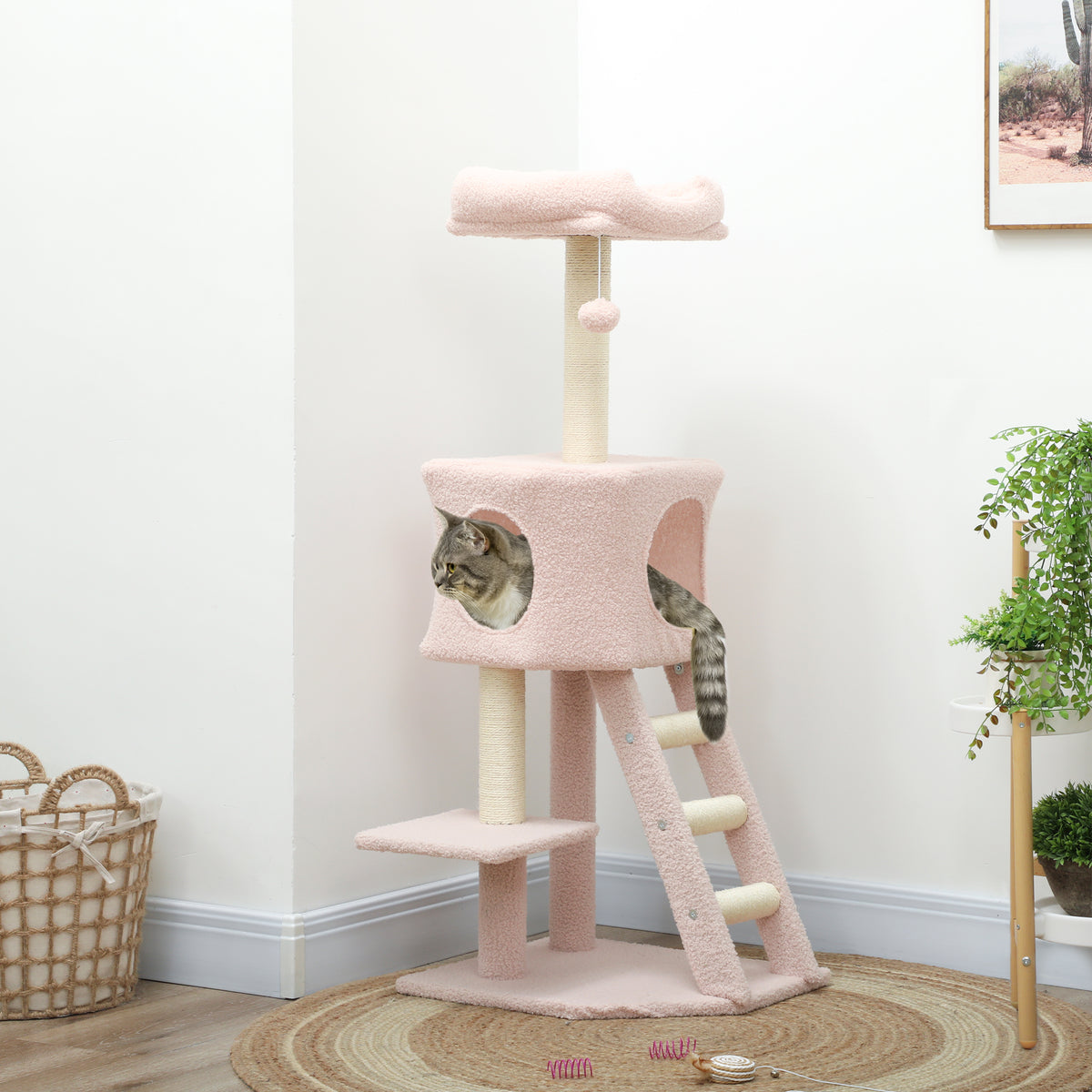 47" Tall Cat Tree Tower with Condo, Ladder, Scratching Posts and Hanging Ball, Light Grey – view 21