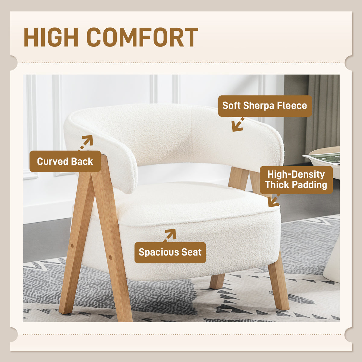 Sherpa Fleece Accent Chair, Upholstered Armchair with Solid Wood Legs and Steel Frame for Living Room – view 10