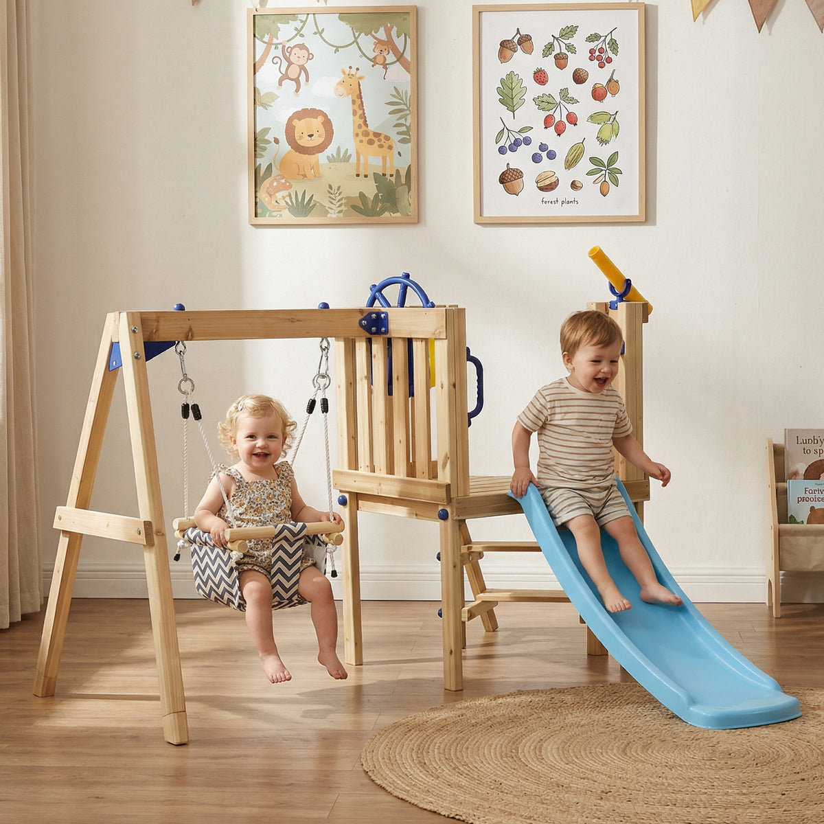 Wooden Kids Swing Set with Slide, Swing Seat, Captain's Wheel, Telescope, for Ages 18-48 Months, Natural