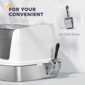Large Stainless Steel Litter Box, Enclosed Metal Cat Litter Tray with Scoop, Deodoriser Bag, Front-Entry and Top-Exit