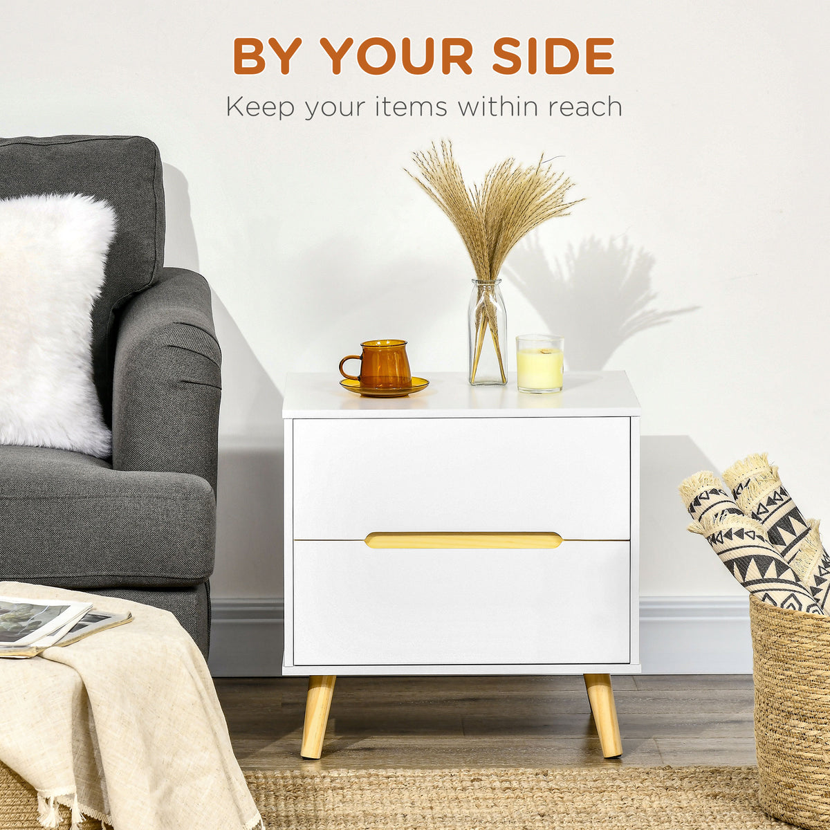 Nightstand, Bedside Table with 2 Drawers, Modern Side End Table with Solid Wood Legs for Bedroom, White – view 3