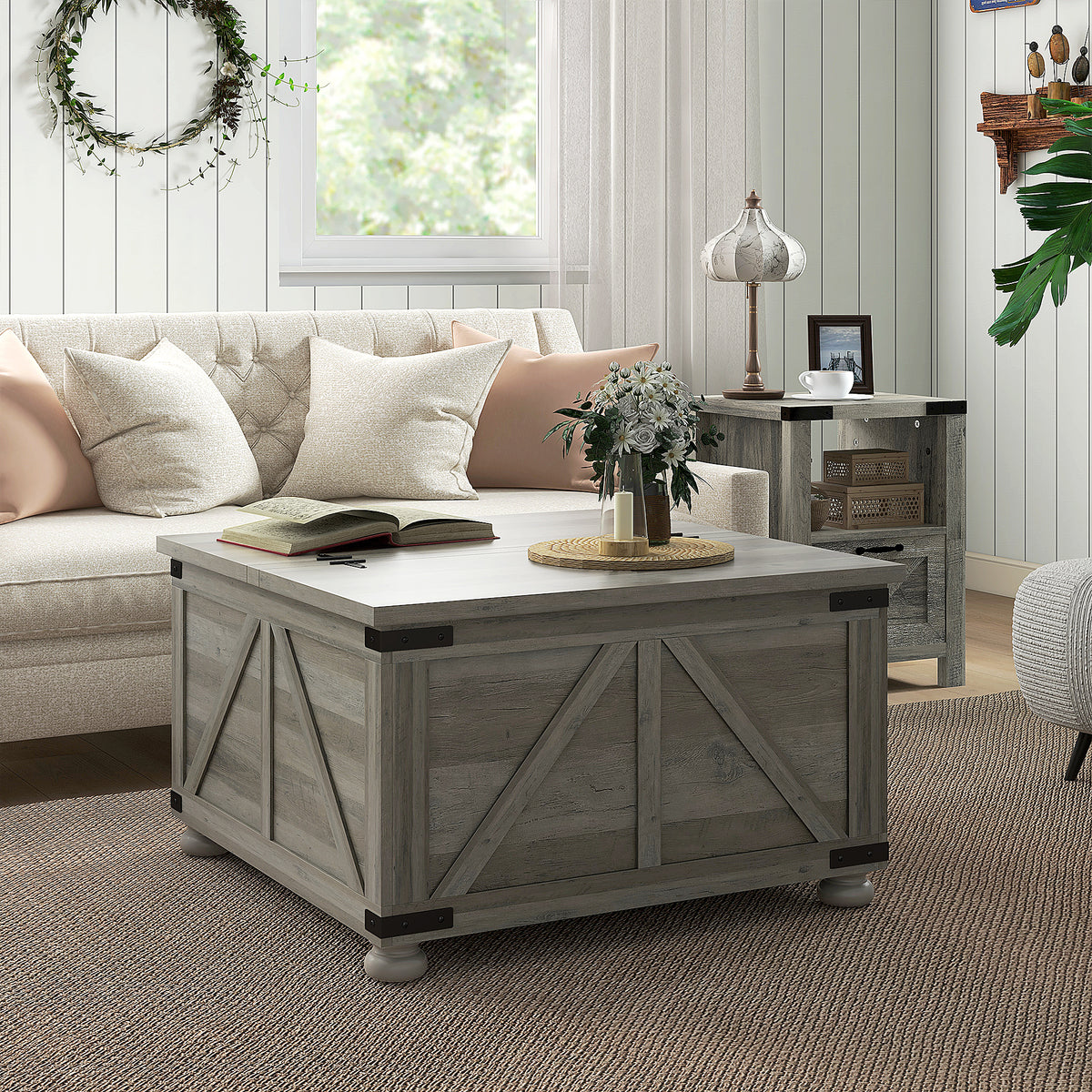 Farmhouse Coffee Table, Square Center Table with Flip-top Lids, Hidden Storage Compartment and Wooden Legs – view 12