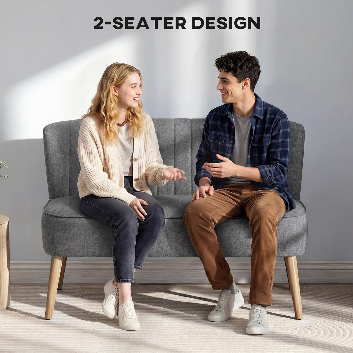 Modern 2 Seater Sofa, Upholstered Two Seater Couch with Rubber Wood Legs, Grey