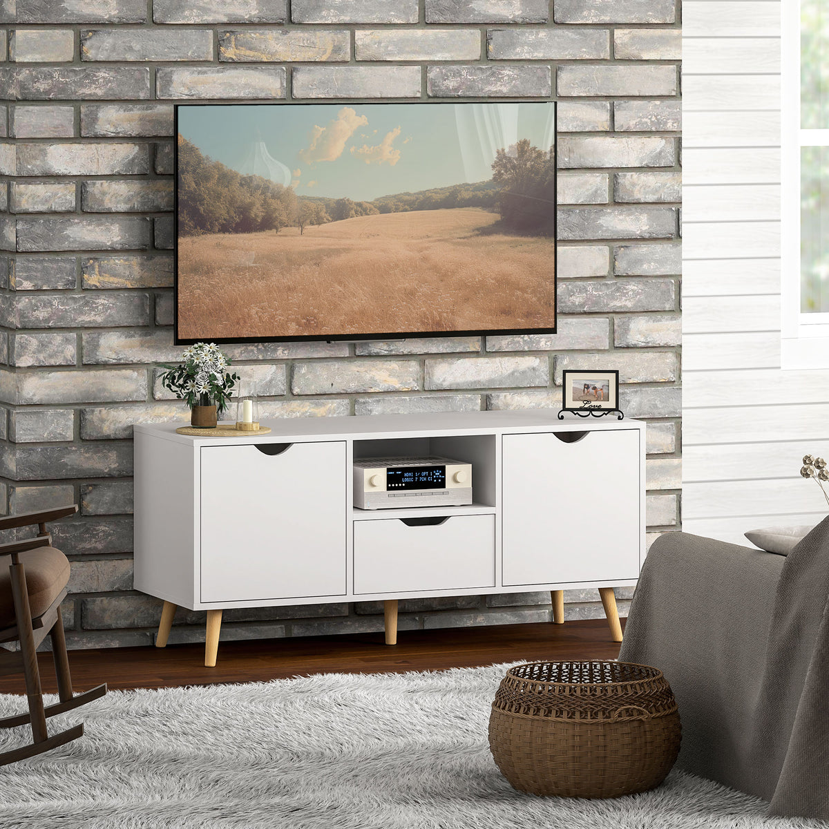 TV Stand with Storage for up to 50" TV, Modern TV Table with Open Shelf, Drawer and 2 Cabinets, White