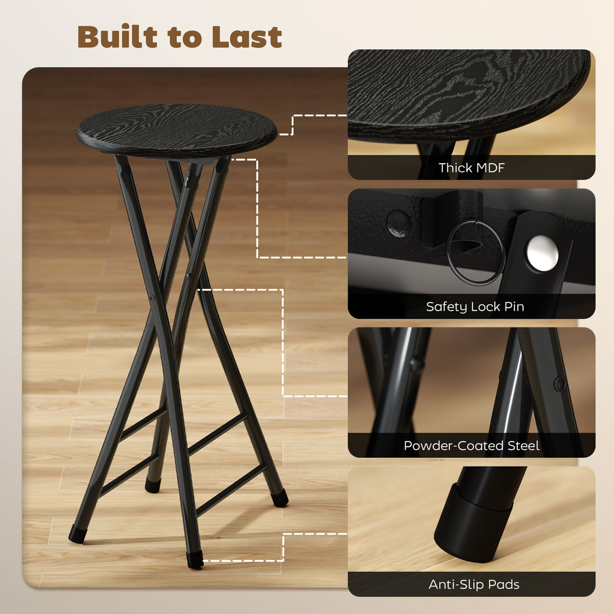 Set of 4 Foldable Barstools, Counter Height Bar Stools with Footrest and Steel Legs for Kitchen Island, Black