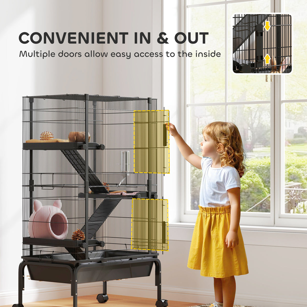 47"H Ferret Cage, Large 4-Tier Guinea Pig Cage with Wheels, Ramps, Bowl, Water Bottle & Removable Tray, Black