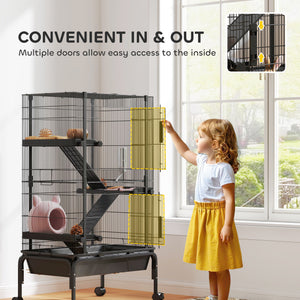 47"H Ferret Cage, Large 4-Tier Guinea Pig Cage with Wheels, Ramps, Bowl, Water Bottle & Removable Tray, Black