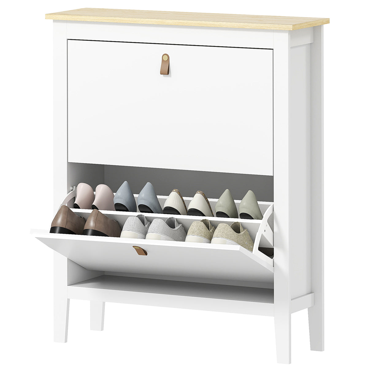 Narrow Shoe Cabinet with 2 Flip Drawers, Adjustable Shelves for Entryway, Holds 10-14 Pairs, White
