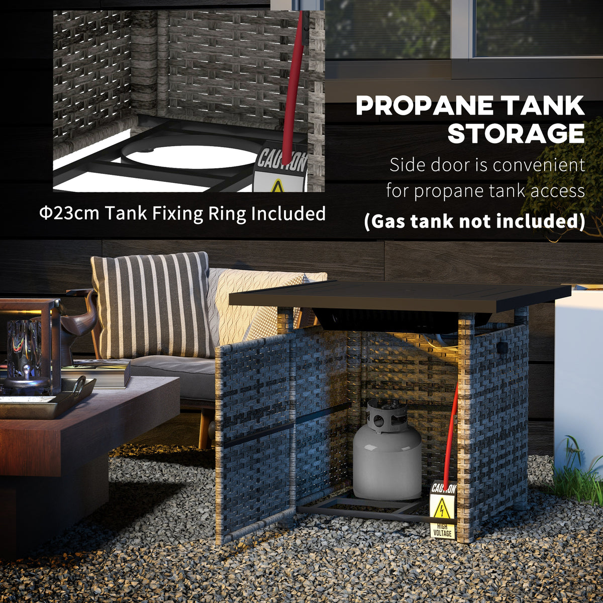 Outdoor PE Rattan Propane Fire Pit Table, 50,000 BTU Pulse-Ignition Wicker Fire Table, Mixed Grey