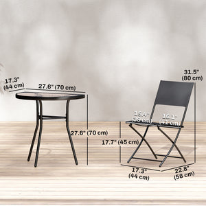 Outdoor Bistro Set, 3 Piece Patio Furniture Set with Folding Chairs, Semi-Circle Glass Top Table, Black