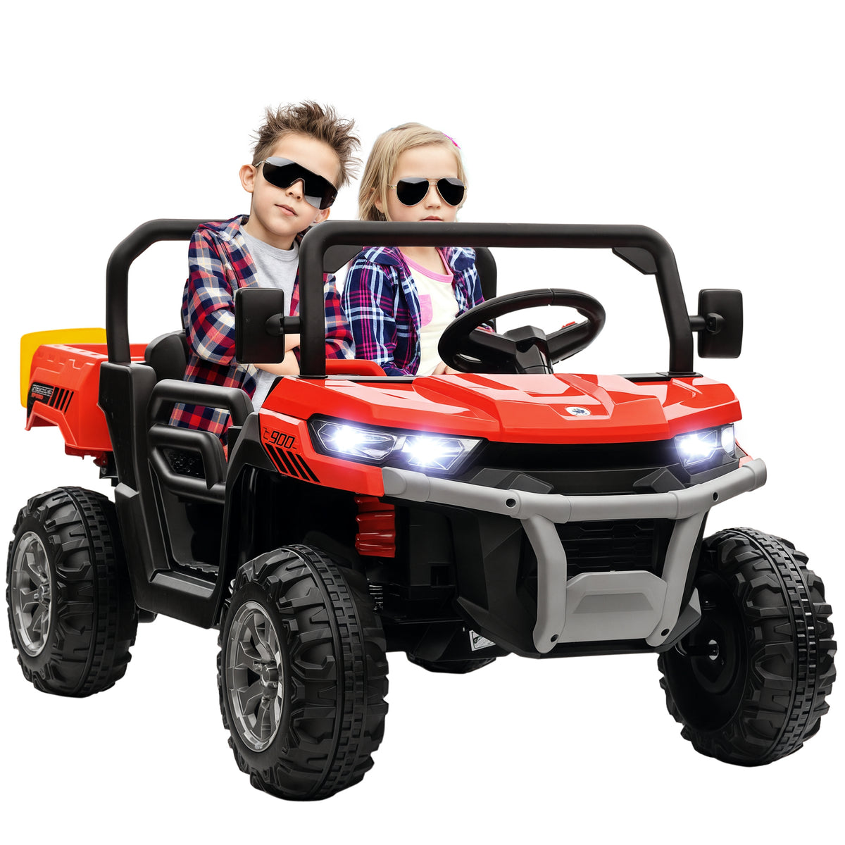 Aosom 12V Ride on Car with Electric Bucket, Two-Seater, Shovel, Remote Control, Spring Suspension, Horn, Music
