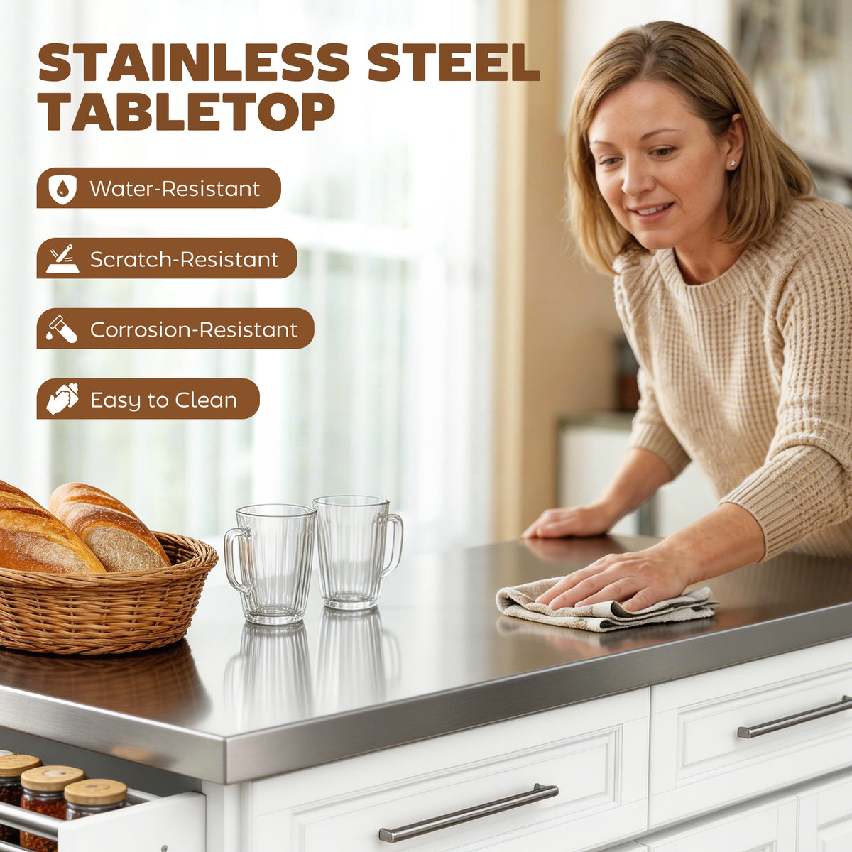 Stainless Steel Kitchen Island with Storage and Stainless Steel Top, Kitchen Trolley with Drawers – view 17