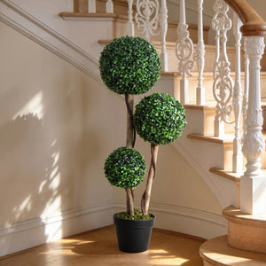 35 Inch Potted Fake Plant, Artificial Boxwood Topiary Tree, Triple Ball Tree for Indoor and Outdoor, Dark Green
