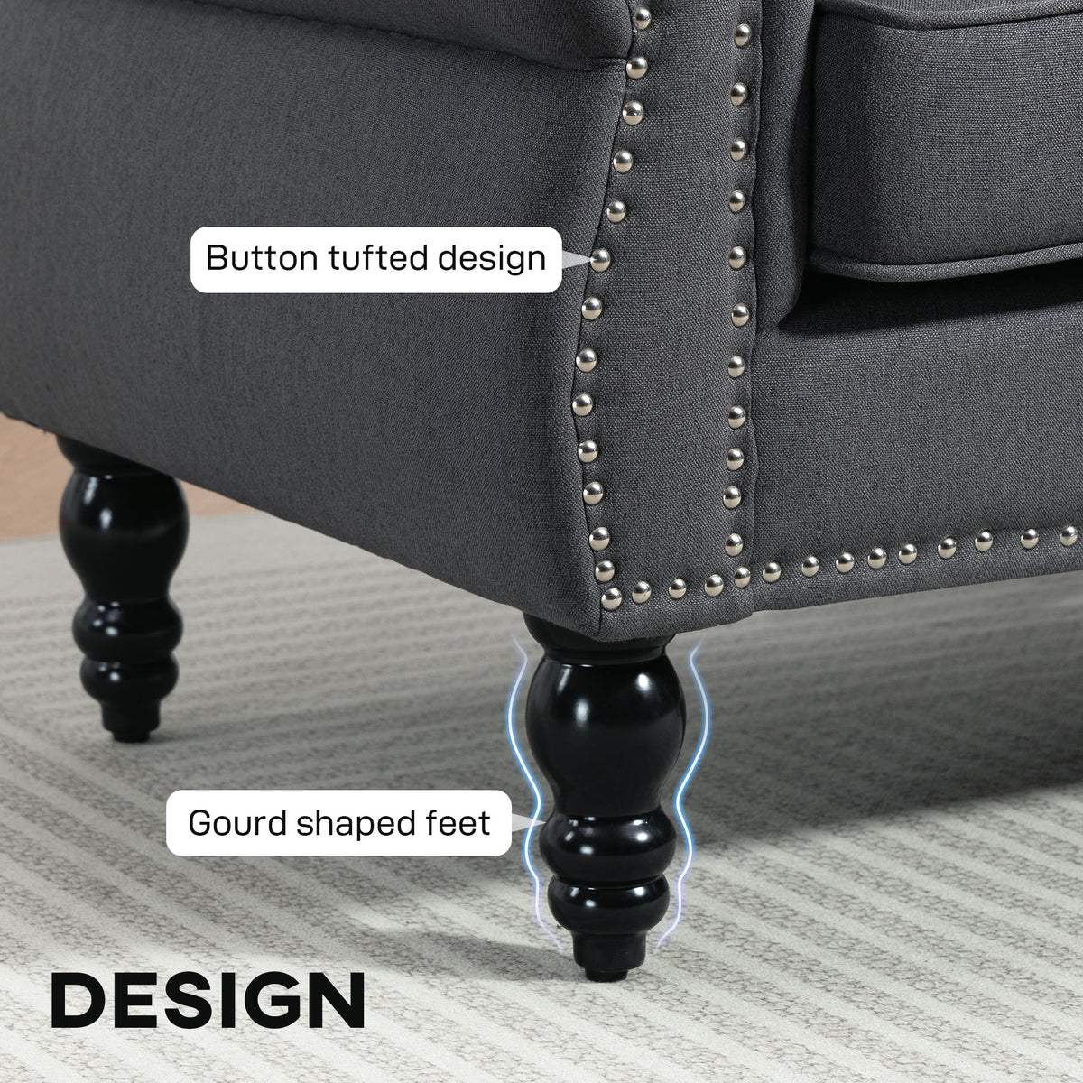 Stylish Midback Double Sofa with Sponge Padding, 2 Seater Sofa Couch, with Rubber Wood Leg, Grey