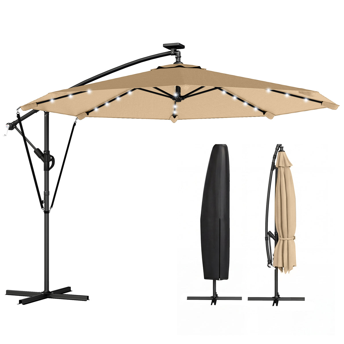 9.7ft Solar LED Cantilever Patio Umbrella with 32 LED Lights, Cross Base, Crank Handle, for Poolside, Deck – view 8