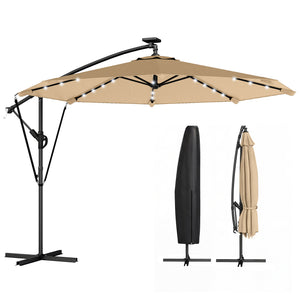 9.7ft Solar LED Cantilever Patio Umbrella with 32 LED Lights, Cross Base, Crank Handle, for Poolside, Deck – view 8
