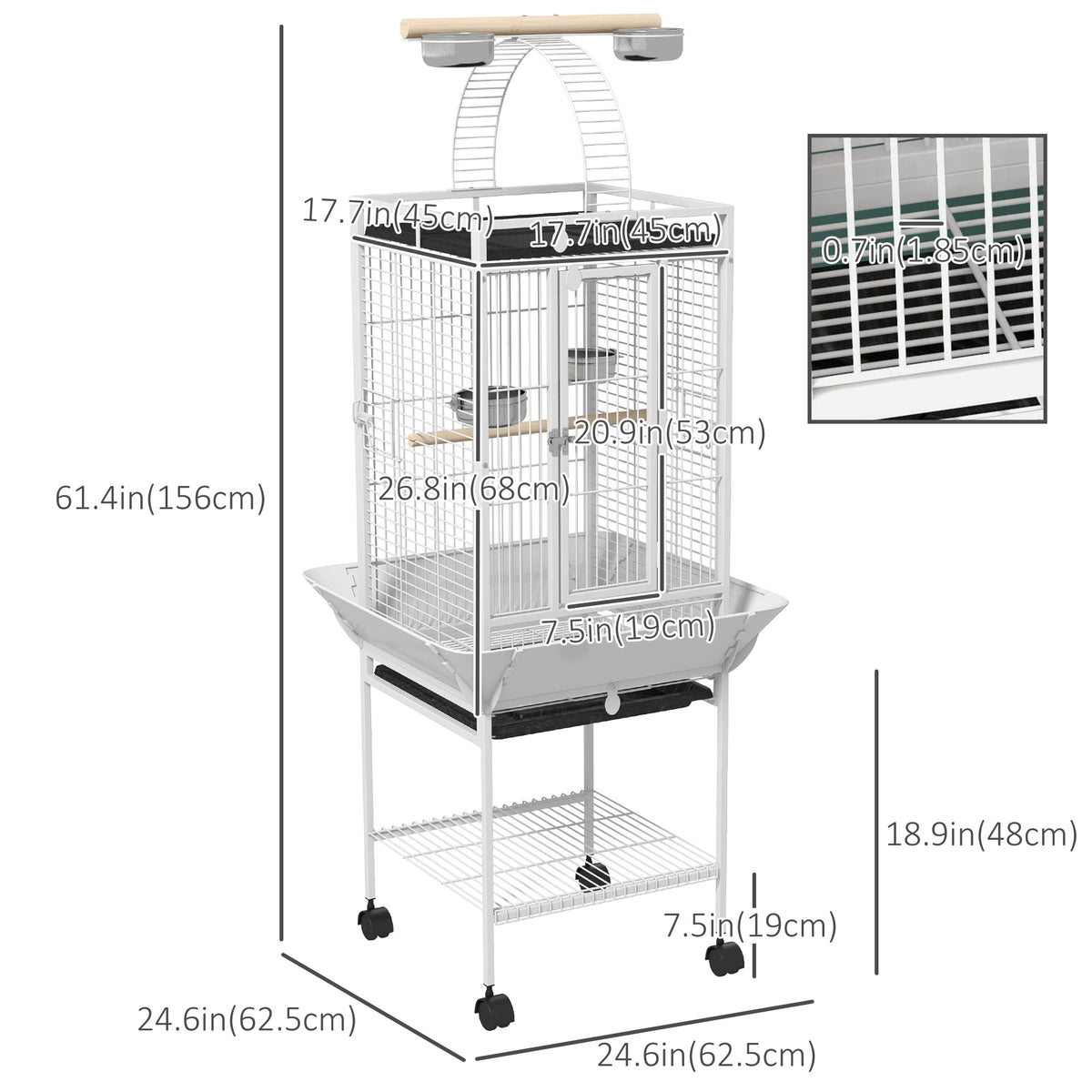 61.5 Inch Bird Cage Parakeet House for Cockatiel with Stand, Pull Out Tray, Play Top, Storage Shelf, Wood Perch, Food Container